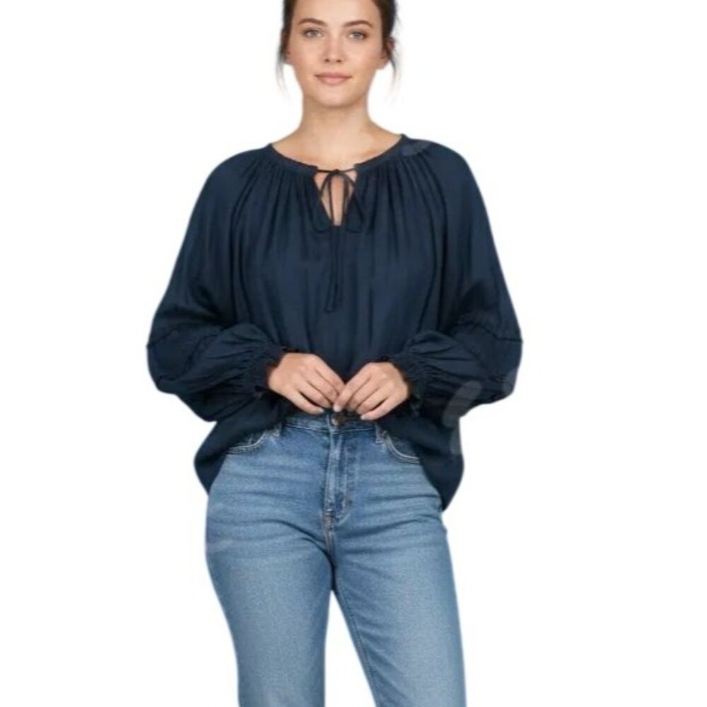 Grade & Gather Navy Blue Gathered Neck Long Sleeve‎ Peasant Blouse Size Medium